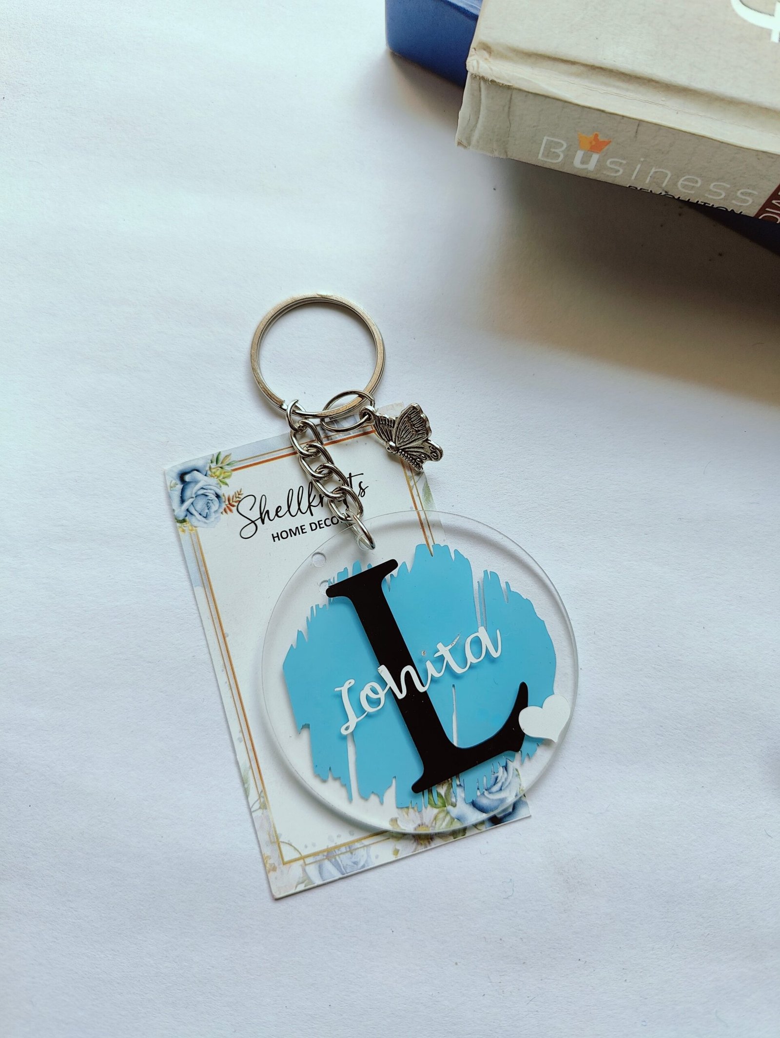 Personalized Acrylic Name Keychain – Sky Blue Monogram Charm